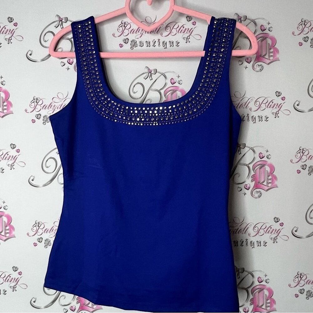 Cache tank top rhinestone studded neckline Blue Embellished Women's Top